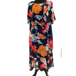 Signature Collection Blue Floral Shift Dres Sz L Faux Shoulder Cape Lined Ruffle